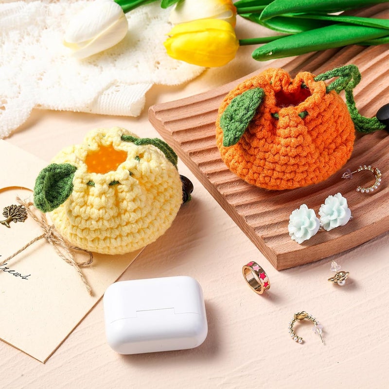 Lyrow Store 2 Pcs Small Crochet Purses Handmade Cute Coin Purse Tangerine Shaped Storage Bag Mini Drawstring Change Pouch Knitting Woven Wallet for Women Keychain Earbuds Dice, Orange and Yellow - Image 5